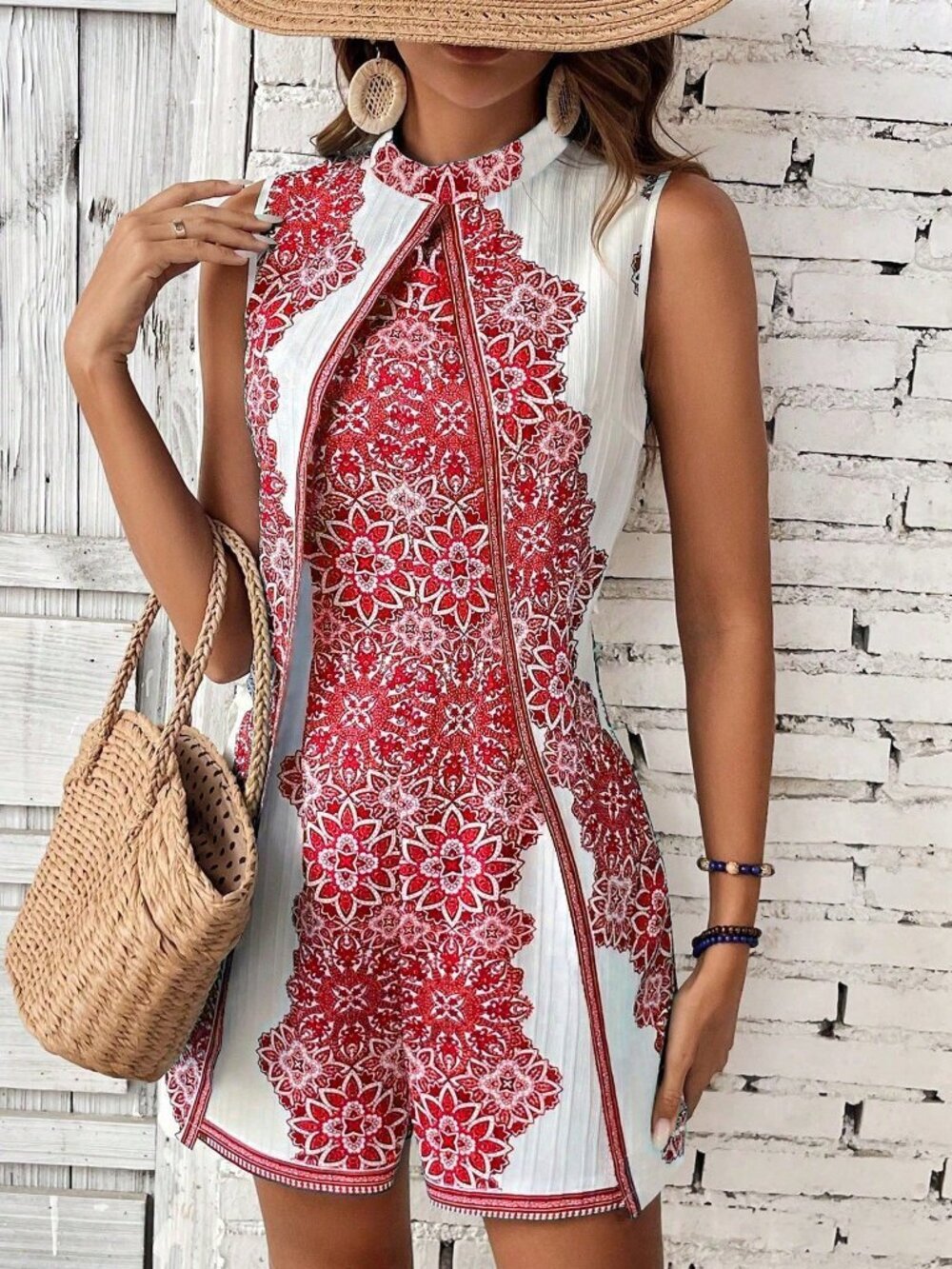 Red Boho Women's Casual Floral Print Sleeveless Jumpsuit